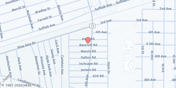 Map showing First Christian Church of Brentwood at 1818 5th Avenue, Bayshore, NY