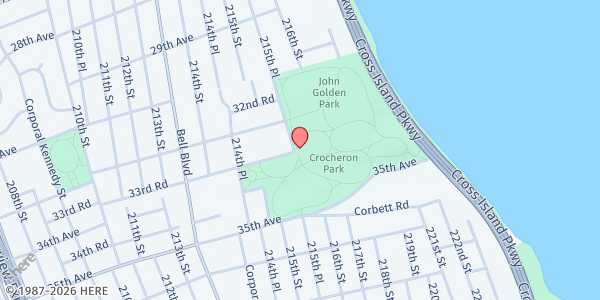 Map showing Crocheron & John Golden Park at 214-41 34th Avenue, Bayside, NY