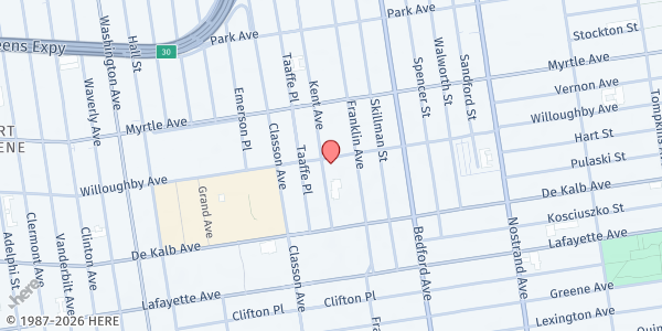 Map showing Brooklyn Community Services @ Leadership High School at 300 Willoughby Avenue, Bedford-Stuyvesant, NY