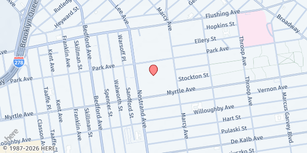 Map showing CHIPS Mobile Pantry @ Bed-Stuy Marcy Houses at 602 Park Avenue, Bedford-Stuyvesant, NY