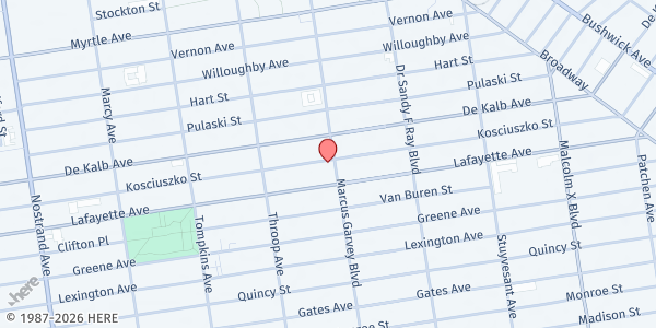 Map showing Crossover Baptist Church at 358 Kosciuszko Street, Bedford-Stuyvesant, NY