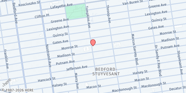 Map showing One Love Community Fridge By Sincerely Tommy at 343 Tompkins Avenue, Bedford-Stuyvesant, NY