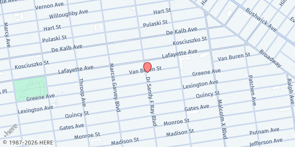 Map showing One Love Community Fridge @ Cafe Botani at 173 Lewis Avenue, Bedford-Stuyvesant, NY