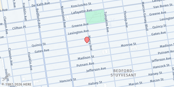 Map showing One Love Community Fridge @ Little Grenjai at 477 Gates Avenue, Bedford-Stuyvesant, NY