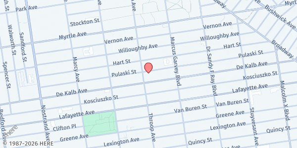 Map showing Pulaski Family Residence Food Pantry at 228 Pulaski Street, Bedford-Stuyvesant, NY