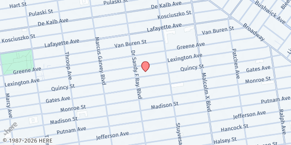 Map showing Refuge Church of God at 595 Quincy Street, Bedford-Stuyvesant, NY