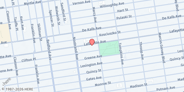 Map showing Von King/Tompkins Park - Food Share Distribution at 654 Lafayette Avenue, Bedford-Stuyvesant, NY