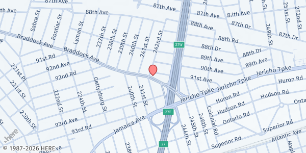 Map showing NEW BEGINNINGS FOOD PANTRY - Bellrose at 242-01 BRADDOCK AVENUE, BELLROSE, NY