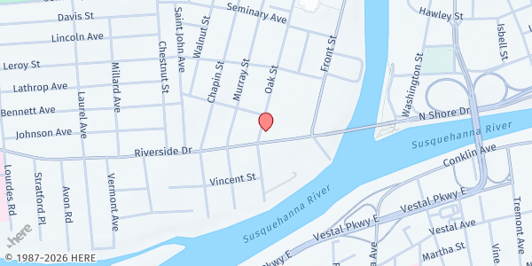 Map showing Carriage House on Oak Street at 22 Riverside Dr, Binghamton, NY