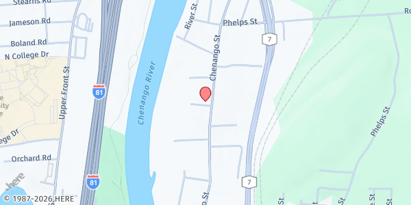 Map showing Community Baptist Church - Food Distribution Center at 743 Chenango St, Binghamton, NY