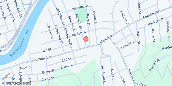 Map showing First Baptist Church Conklin Ave at 91 Baldwin Street, Binghamton, NY