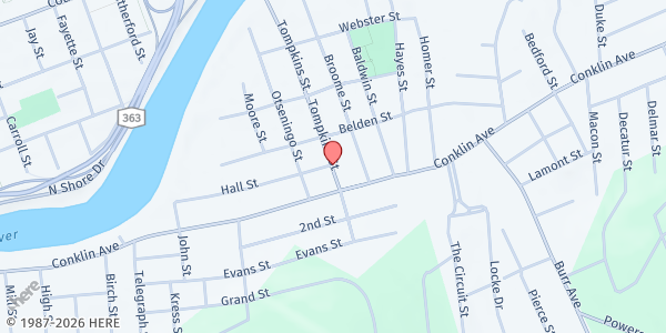 Map showing First Baptist Church Conklin Ave - Southside at 91 Baldwin Street, Binghamton, NY