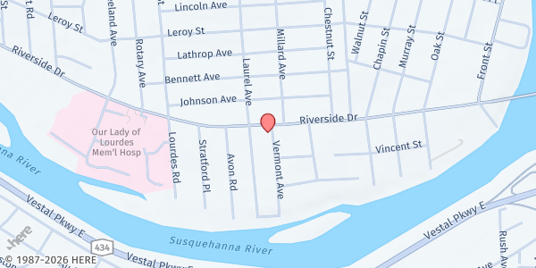 Map showing House of Worship Community Meal at 93 Riverside Dr., Binghamton, NY