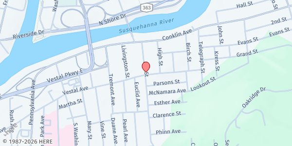 Map showing Loaves and Fishes Food Pantry - Binghamton at 25-1/2 Mill St, Binghamton, NY