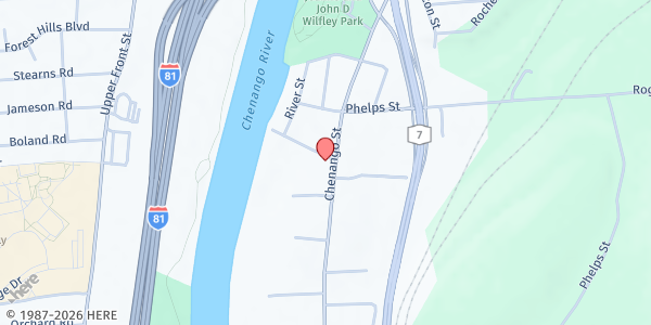 Map showing Loaves & Fishes Food Pantry - Food Distribution Center at 2 Mill St, Binghamton, NY