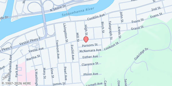 Map showing New Beginning Apostolic Church at 1288 Vestal Avenue, Binghamton, NY