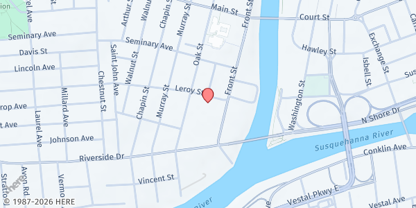 Map showing St. Patrick's Roman Catholic Church at 9 Leroy St, Binghamton, NY