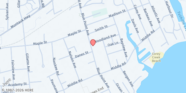 Map showing Our Lady of the Snow at 175 Blue Point Ave, Blue Point, NY