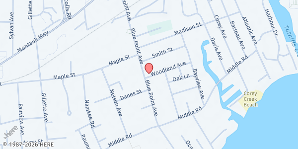 Map showing Our Lady of the Snow R.C. Church at 175 Blue Point Avenue, Blue Point, NY