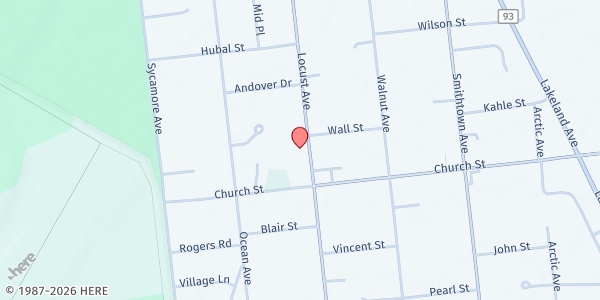 Map showing St. John Nepomucene at 1150 Locust Ave., Bohemia, NY