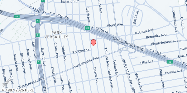 Map showing Atonement Food Pantry at 1344 BEACH AVENUE, Bronx, NY