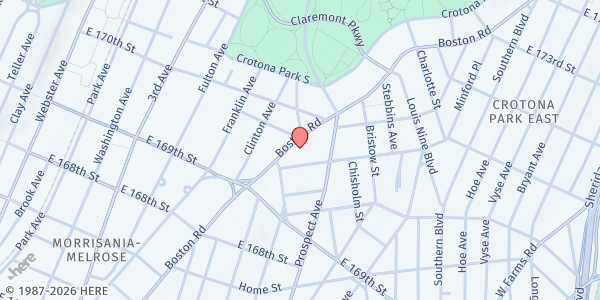 Map showing Back to Jerusalem Pentecostal Church at 1378 Boston Rd., The Bronx, NY