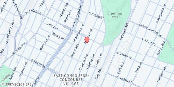 Map showing Bible Church of Christ Food Pantry at 1358 Morris Ave, Bronx, NY
