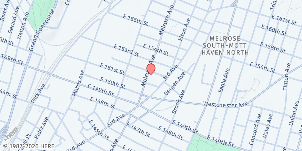 Map showing Bronx Center Food Pantry at 402 East 152nd Street , Bronx , NY