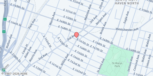 Map showing Bronx Temple SDA Church Community Service Dept. at 495 WILLIS AVENUE, BRONX, NY