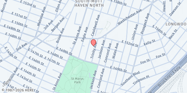 Map showing City Harvest Mobile Market - St. Mary's at 595 TRINITY AVENUE, Bronx, NY