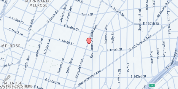 Map showing Come World Ministries at 1034 Prospect Avenue, Bronx, NY