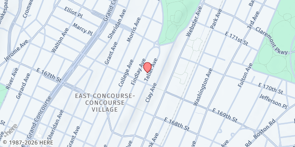 Map showing Community Church of Morrisania at 1325 Teller Ave, Bronx, NY