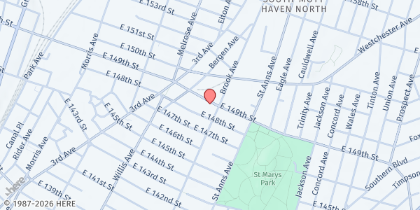 Map showing Destination Tomorrow at 452 E 149th St, Bronx, NY