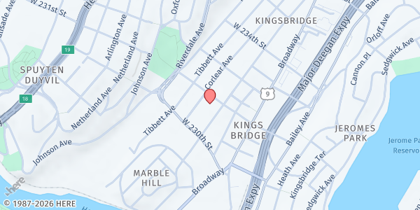 Map showing Food Justice Ministry at 260 West 231st Street, Bronx, NY