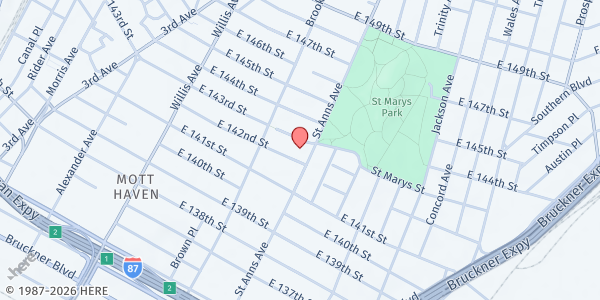 Map showing Gotham Health - S. R Belvis D&TC at 545 E 142nd St, Bronx, NY