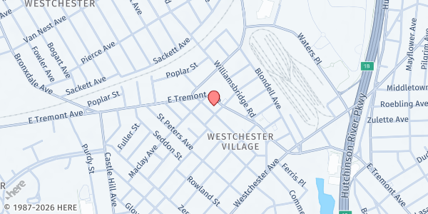 Map showing Harvest Fields Community Church at 2626 East Tremont Avenue, Bronx, NY