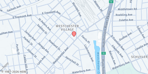 Map showing Huntington Free Library at 9 Westchester Square, Bronx, NY