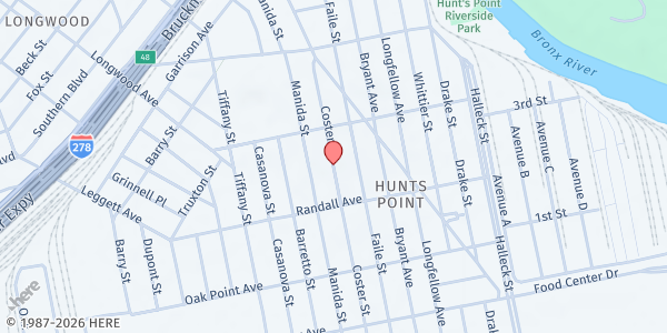 Map showing Hunts Point Farmers' Market at 884 Southern Blvd., Bronx, NY