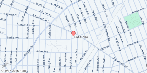 Map showing ICNA Relief Burke Ave Bronx Pantry at 1277 Burke Ave #D, Bronx, NY