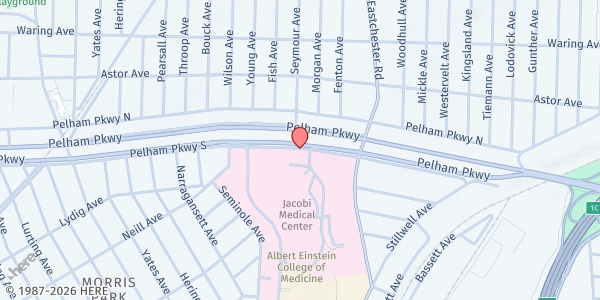 Map showing Jacobi Hospital Friday Farmers' Market at 1400 Pelham Parkway, Bronx, NY