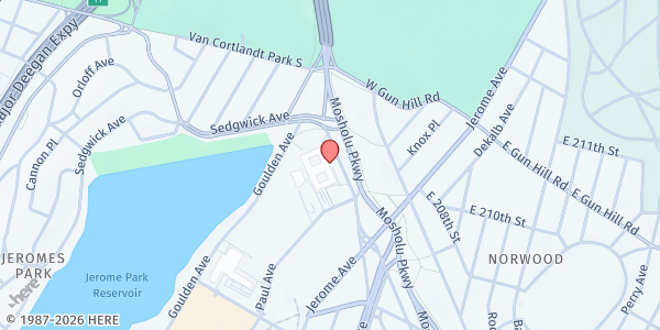 Map showing James Baldwin OLC Farmers' Market at 100 West Mosholu Parkway South, Bronx, NY