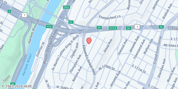 Map showing La Familia Verde Highbridge Farmers' Market at 1430 Plimpton Ave, Bronx, NY