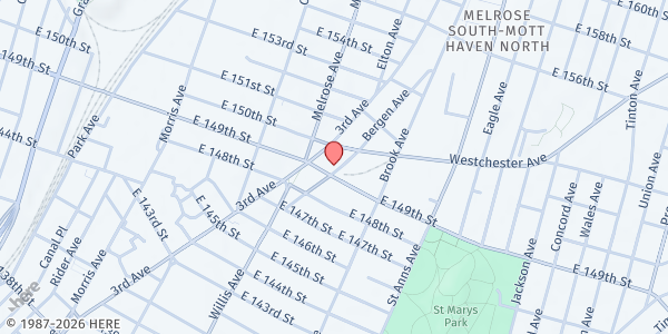 Map showing Mott Haven Community Partnership at 555 Bergen Ave, The Bronx, NY