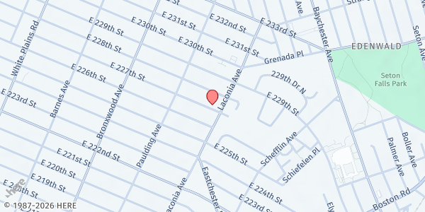 Map showing Praying Partners International Ministry at 1057 East 227th Street, Bronx, NY