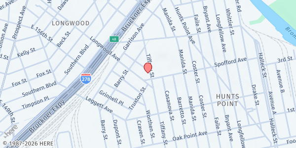 Map showing Prodigal Center at 709 TIFFANY STREET, Bronx, NY