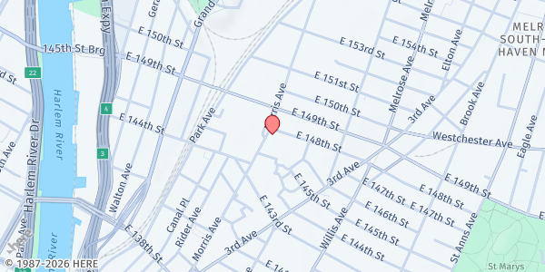 Map showing PS 18 X John Peter Zenger at 502 Morris Avenue, Bronx, NY