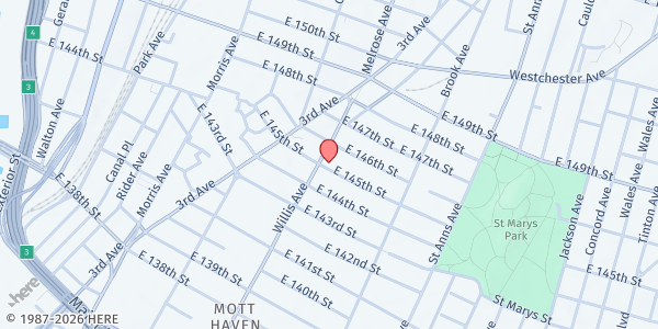 Map showing Pueblo en Marcha II at 401 E 145th St., The Bronx, NY
