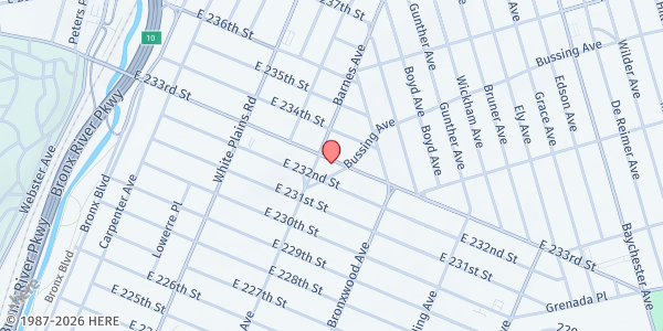 Map showing Restoration Christian Ministry Food Pantry at 822 E 233rd St, The Bronx, NY