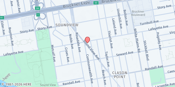 Map showing Soundview Presbyterian Church at 760 Soundview Avenue, Bronx, NY