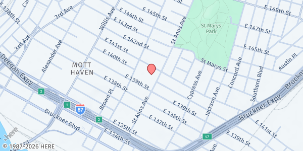 Map showing St. Ann's Church Food Pantry at 295 St Ann's Ave, The Bronx, NY